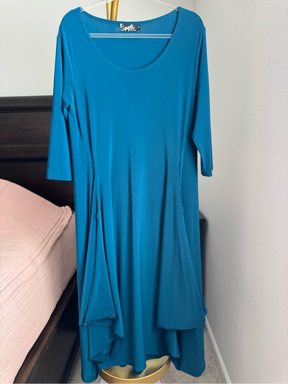 Sympli Teal Asymmetrical Drape Midi Dress Size 12 Made in Canada - Picture 7 of 15